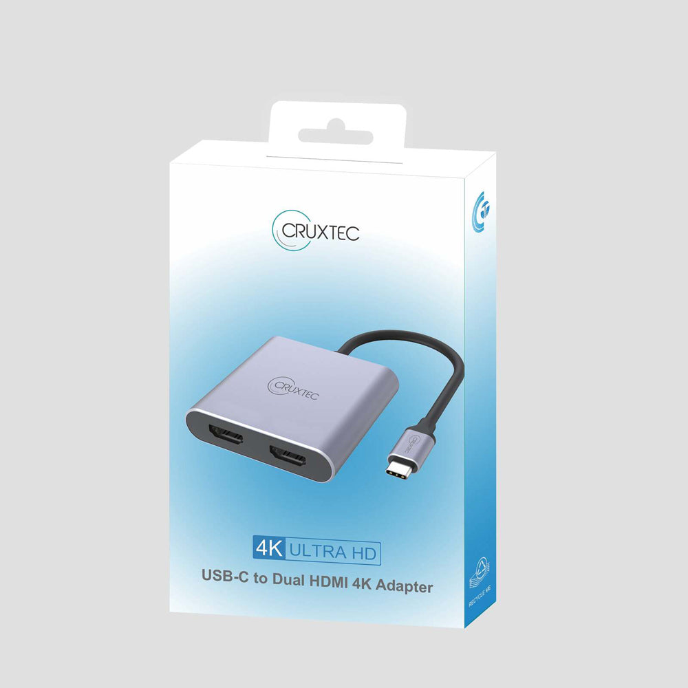 Cruxtec USB-C to Dual HDMI 4K Compact Hub Adapter - Grey