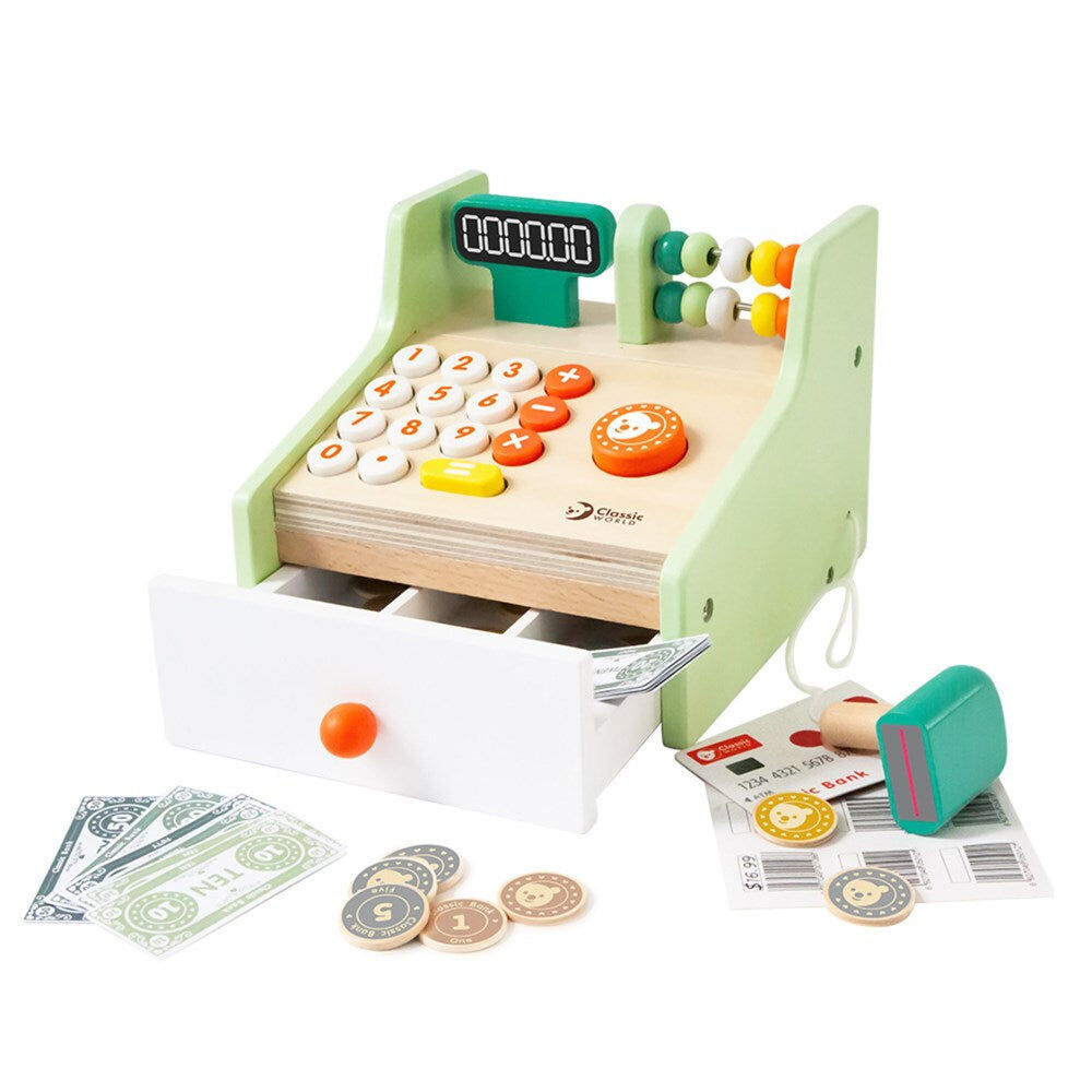 33pc Classic World Childrens Wooden Pretend Play Cash Register 3Y+
