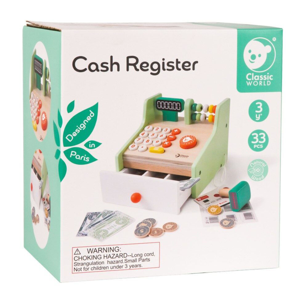 33pc Classic World Childrens Wooden Pretend Play Cash Register 3Y+