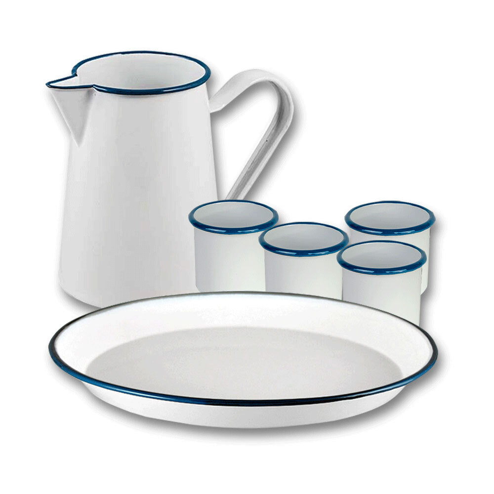 6pc Urban Style Classic Enamel Beverage Set - White/Blue Rim