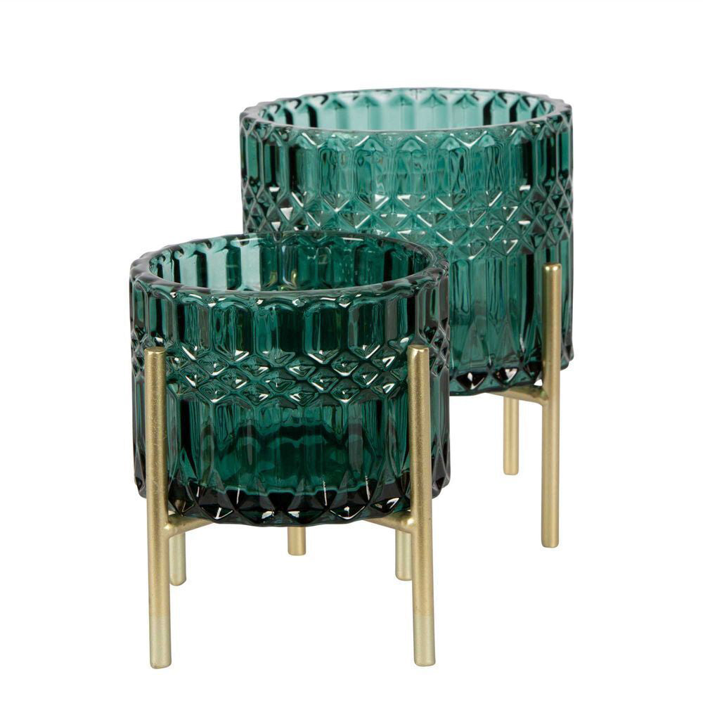 2PK Belle Demi Glass/Iron Tealight Holder Large 13cm - Emerald