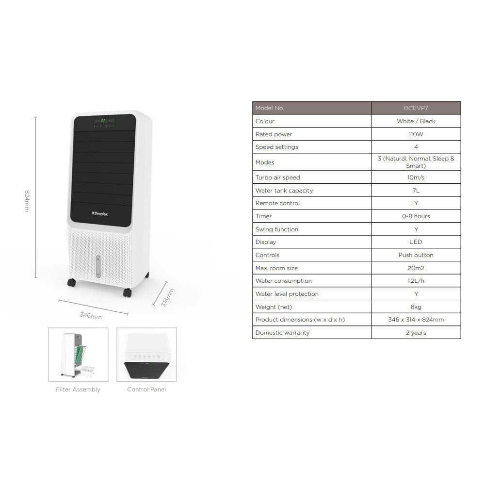Dimplex 7L Evaporative Cooler w/ 8 Hour Timer/ 4 Speeds
