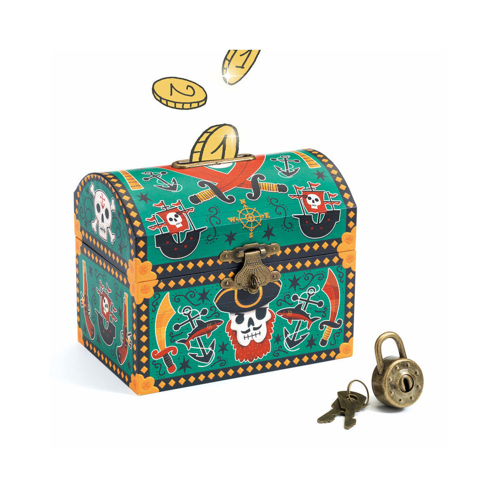 Djeco 13.6cm Pirates Money Box Cash Saving Wooden Piggy Bank 4y+