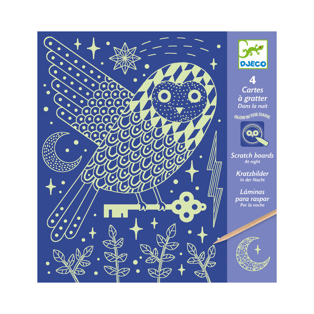 8pc Djeco At Night Scratch Cards Glow In The Dark w/ Activity Kit 6y+