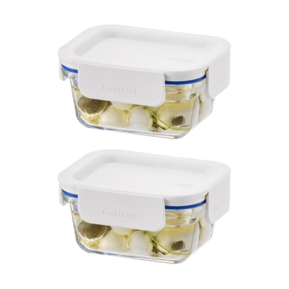 2PK LocknLock Clear Glass Food Storage Container Microwave Safe 380ml White Lid