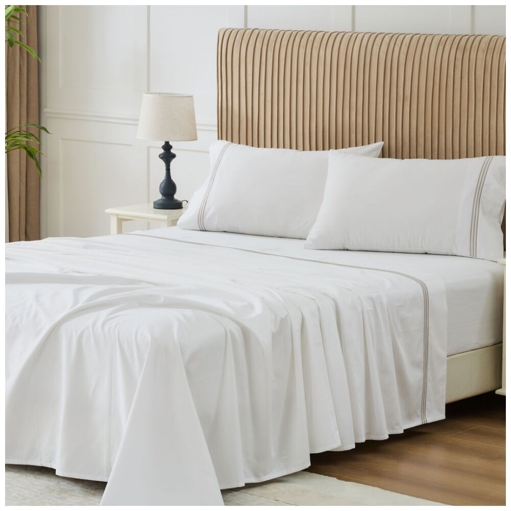 Grosvenor House 500TC Hotel Embroidered Sheet Set White With Taupe