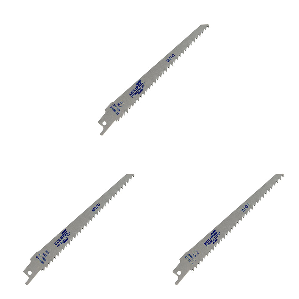 3x 5pc Eclipse Pro Tools Predator 6TPI Recip HCS Blades For Wood 150mm