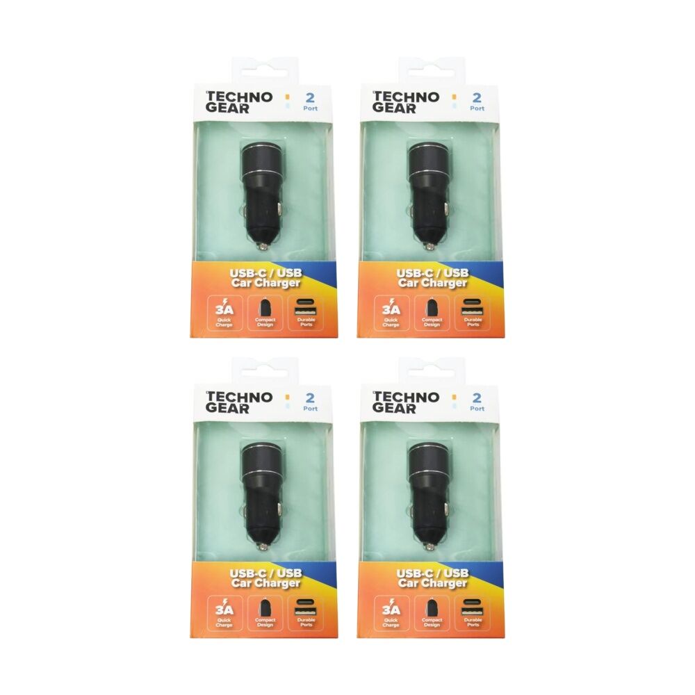 4PK TGear 2 Port Compact USB-A/USB-C Car Charger 3A Quick Charge 12V Socket