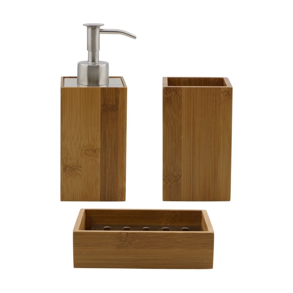 NF Living Square Dispenser 7x17cm Bamboo & Metal Pump For Bathrooms - Natural