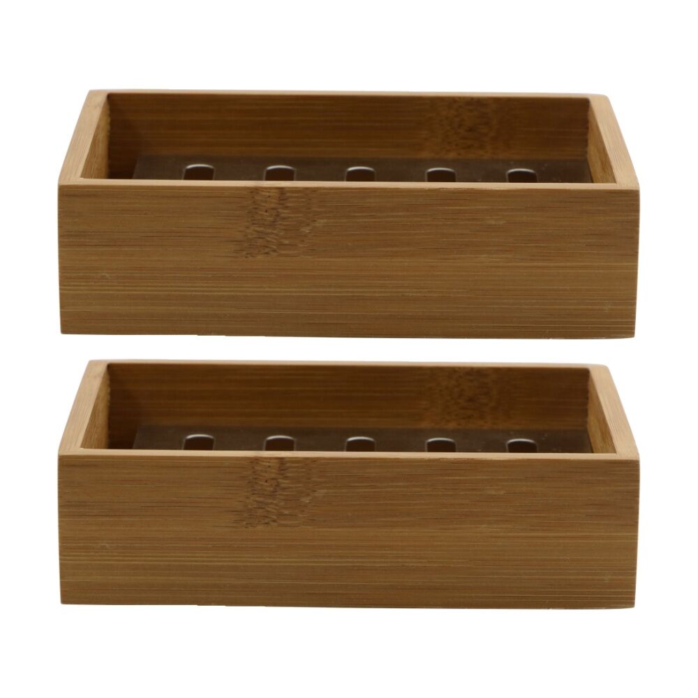 2PK NF Living Rectangle Soap Dish13x10cm Bamboo & Metal For Bathrooms - Natural