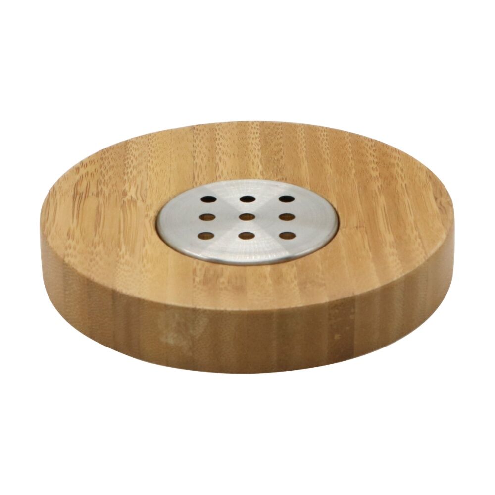 NF Living Round Soap Dish 13x2cm Bamboo & Metal For Bathrooms - Natural