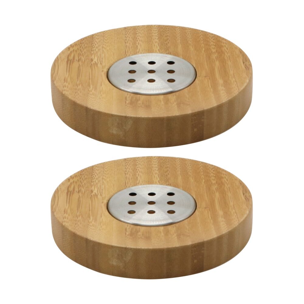 2PK NF Living Round Soap Dish 13x2cm Bamboo & Metal For Bathrooms - Natural