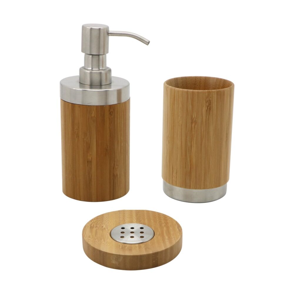 NF Living Round Soap Dish 13x2cm Bamboo & Metal For Bathrooms - Natural