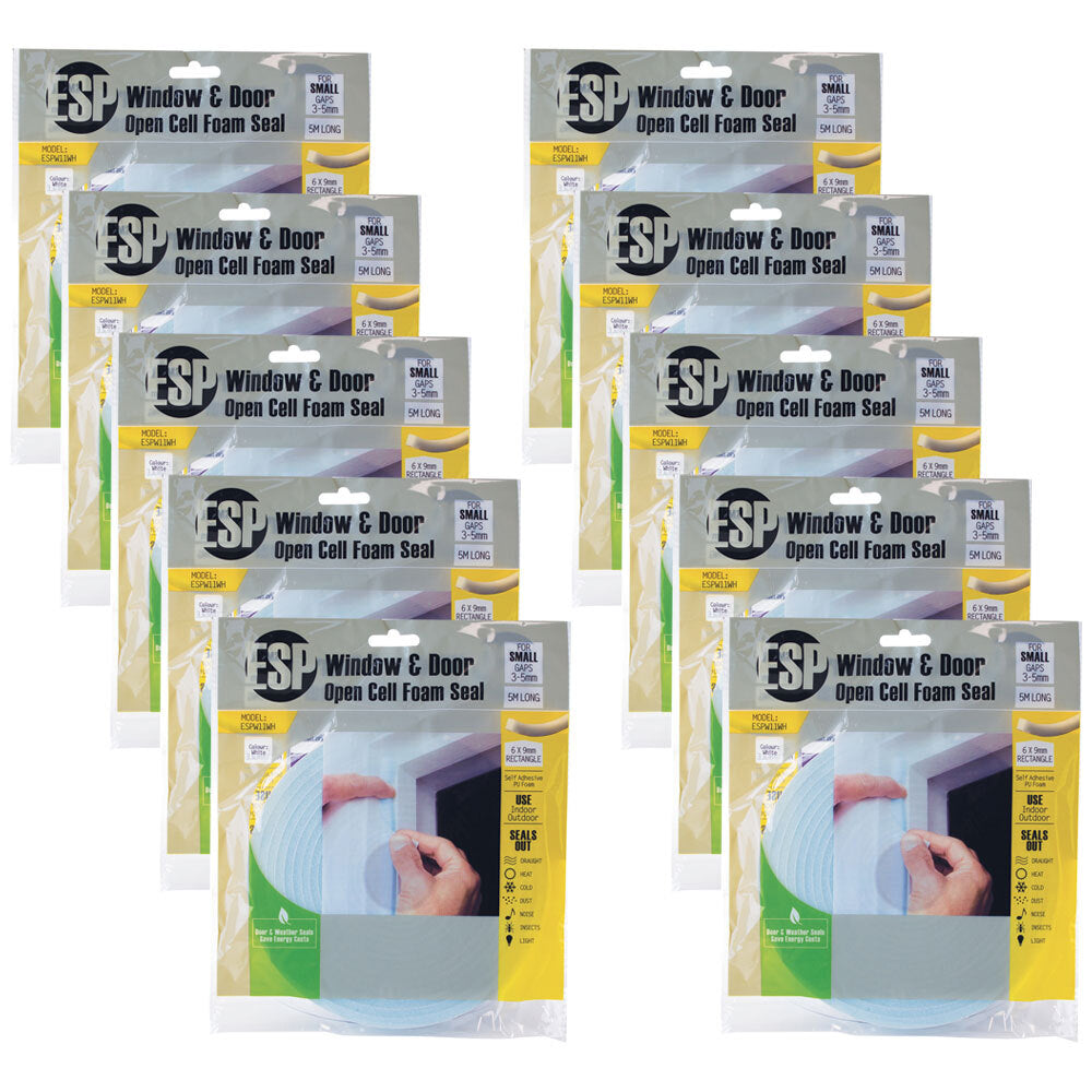 10PK ESP Window & Door Open Cell Foam Weather Seal 6x9mm White DIY