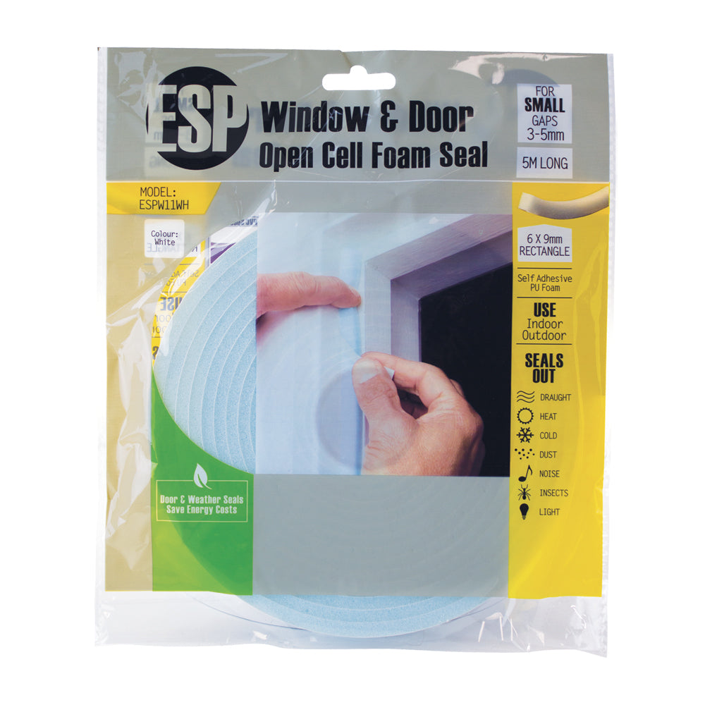 15PK ESP Window & Door Open Cell Foam Weather Seal 6x9mm White DIY