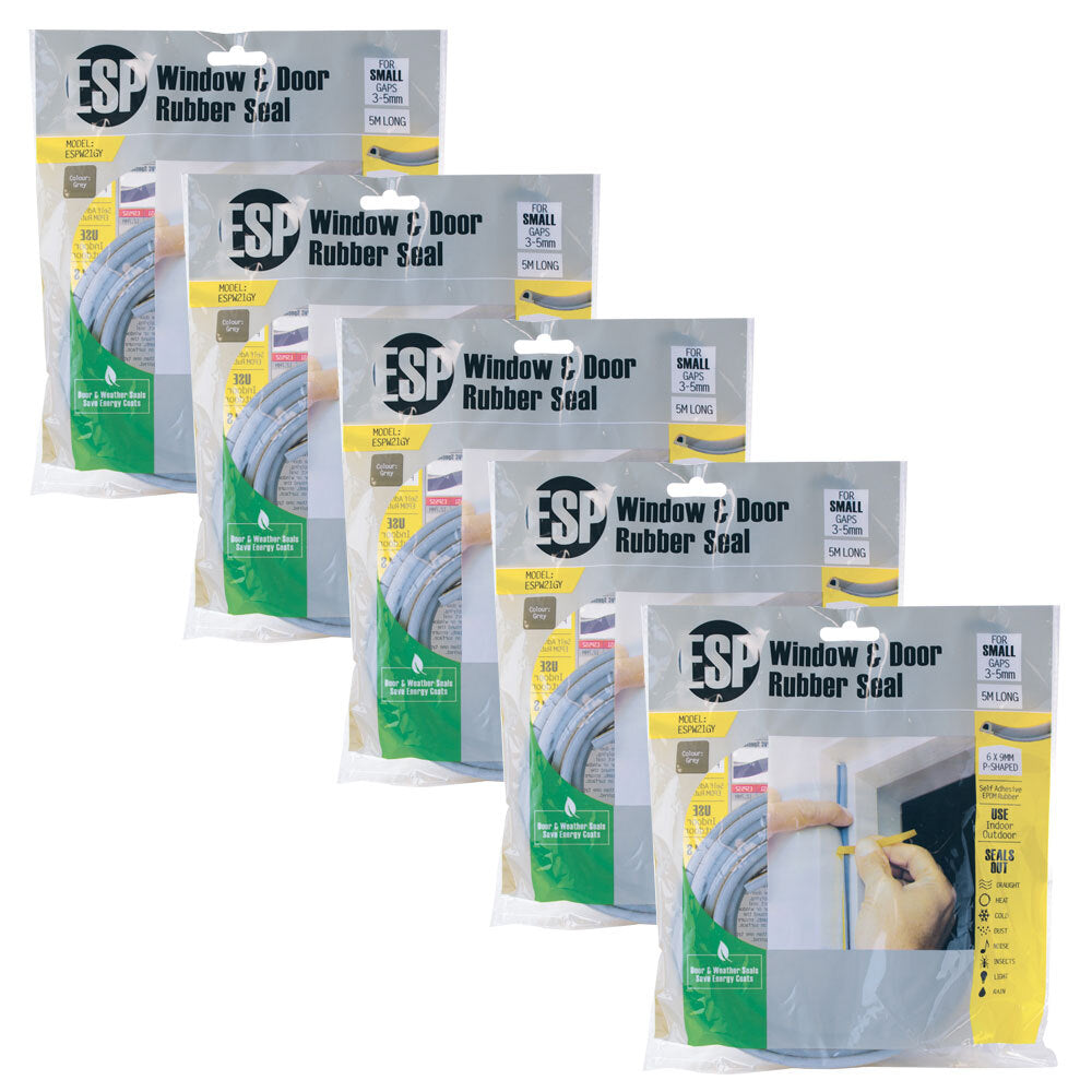 5PK ESP Window & Door Rubber P-Shaped Weather Seal 6x9mm Grey