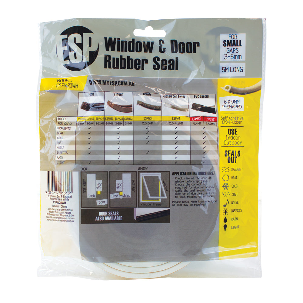 6pc ESP Window & Door Rubber P-Shaped Weather Seal White