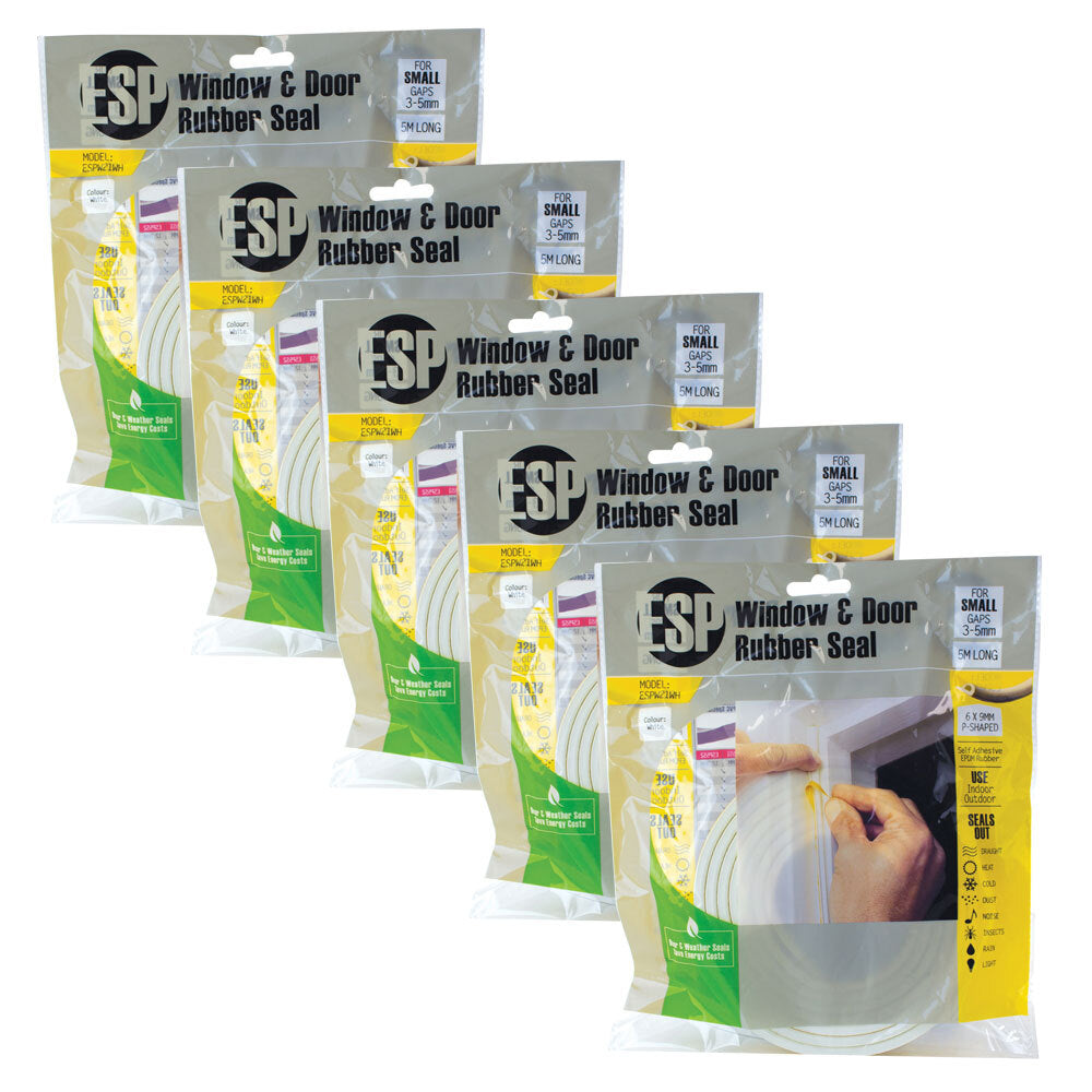 5PK ESP Window & Door Rubber P-Shaped Weather Seal 6x9mm White DIY