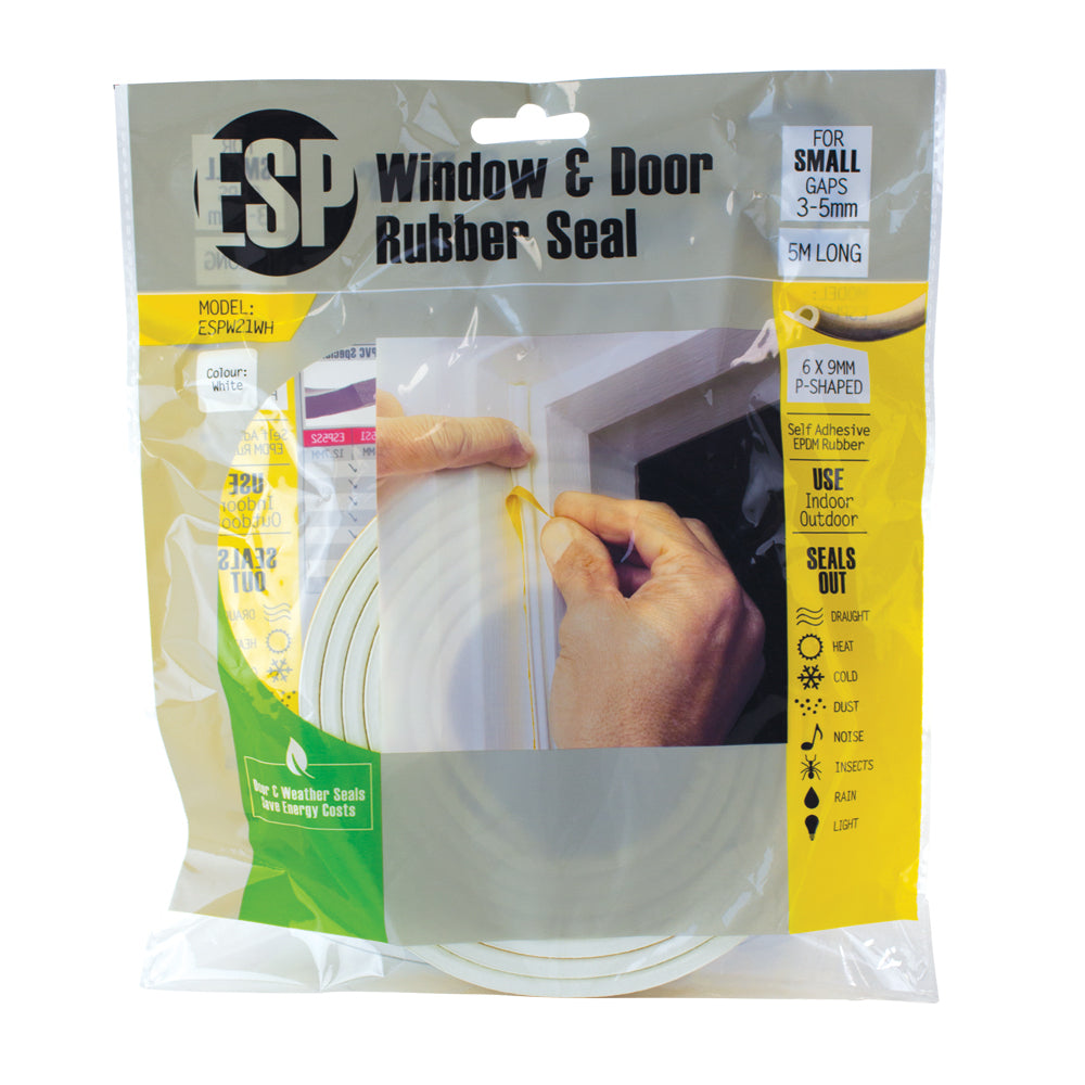 5PK ESP Window & Door Rubber P-Shaped Weather Seal 6x9mm White DIY