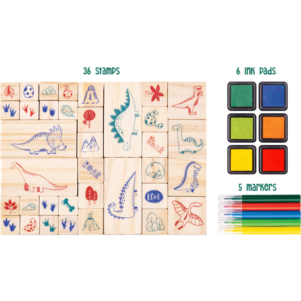 Learning Can Be Fun Wooden Patterned Stamp Set Dinosaurs Brown