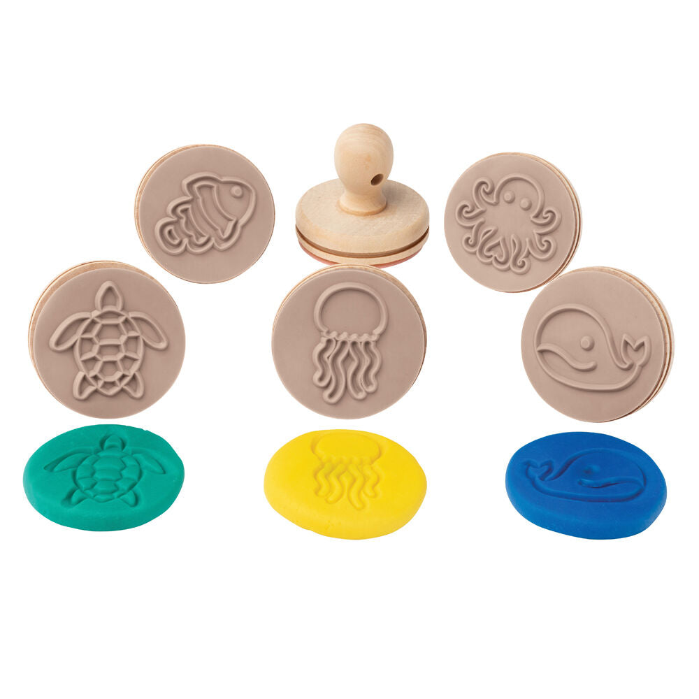 Educational Colours Wooden Dough Patterned Stamps - Sea Creatures Brown