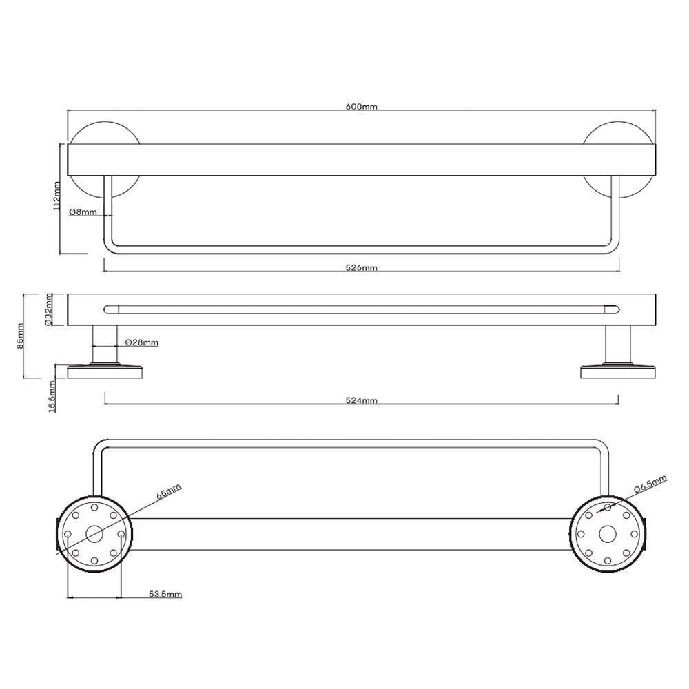 Evekare Towel Rail Grab Rail 600 x 32mm Stainless Steel