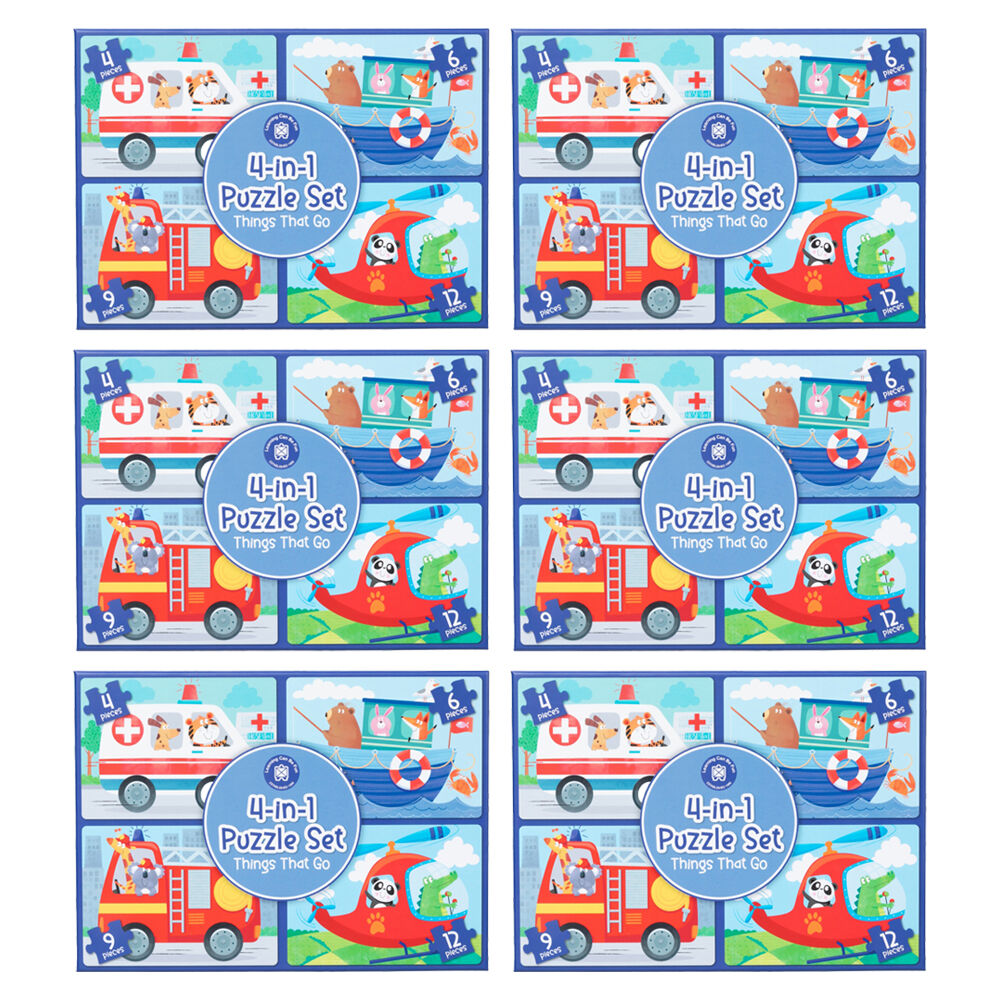 6PK Learning Can Be Fun 4-In-1 Kids Puzzle Activity Set Things That Go 4-12 Pieces
