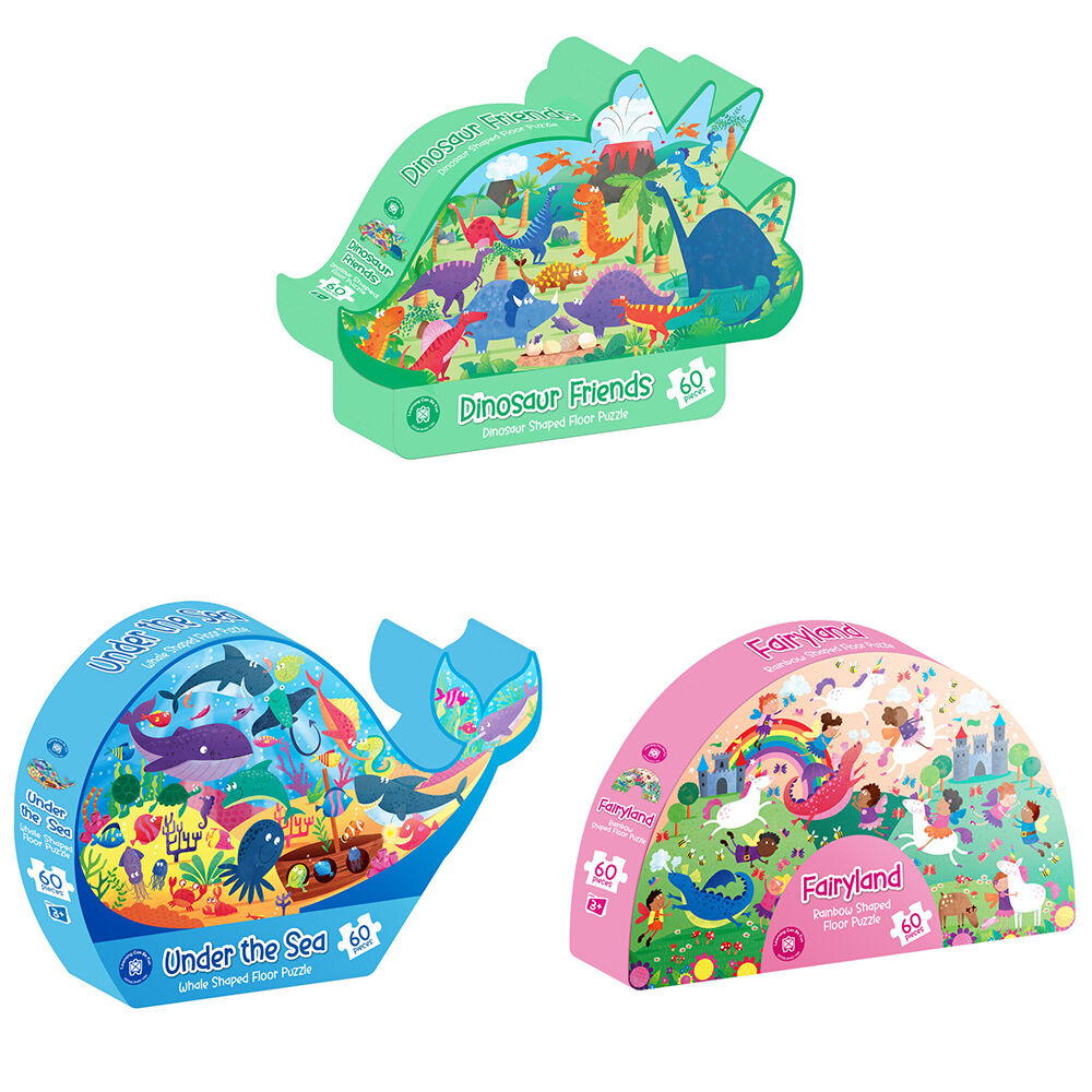 3x 60pc Learning Can Be Fun Kids Floor Puzzle Set Rainbow/Whale/Dinosaur