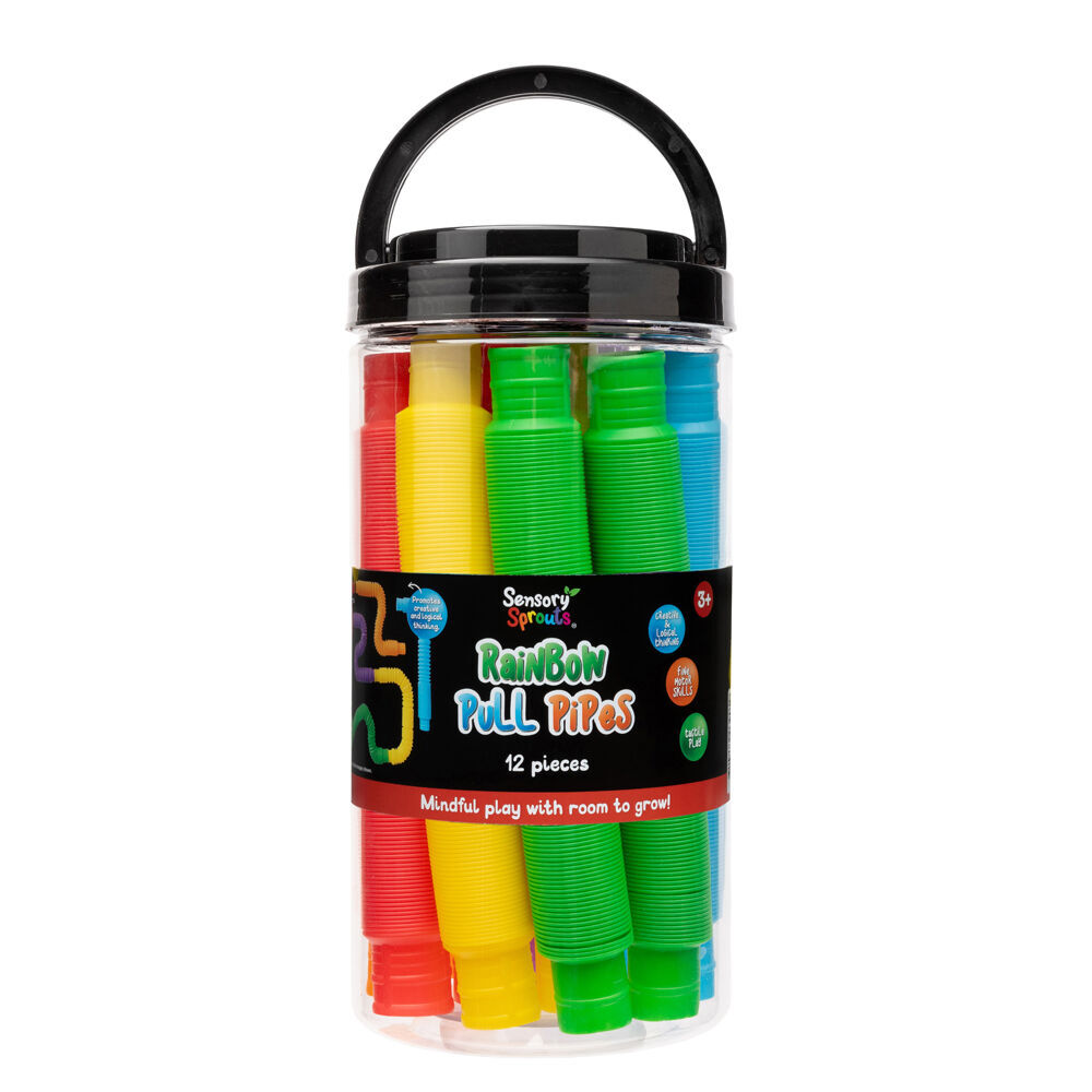 12pc Sensory Sprouts Rainbow Pull Pipes Jar Kids Toy Multicoloured