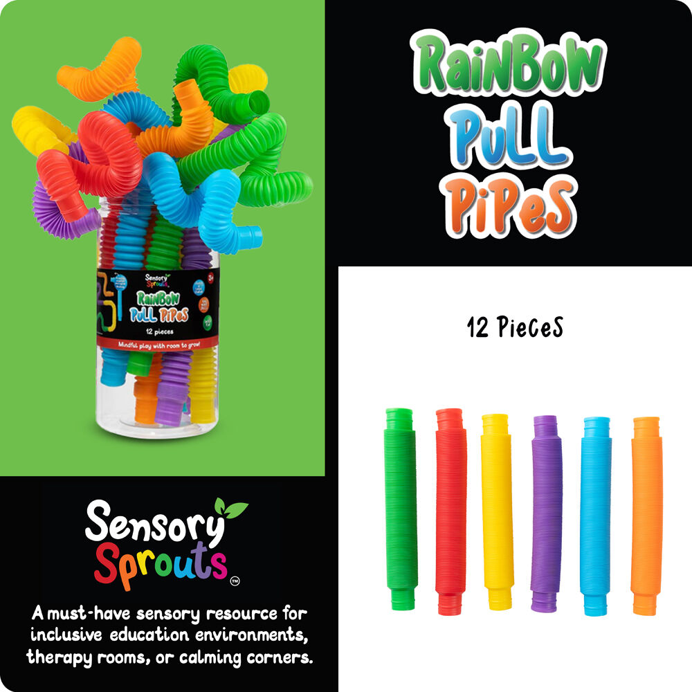 12pc Sensory Sprouts Rainbow Pull Pipes Jar Kids Toy Multicoloured