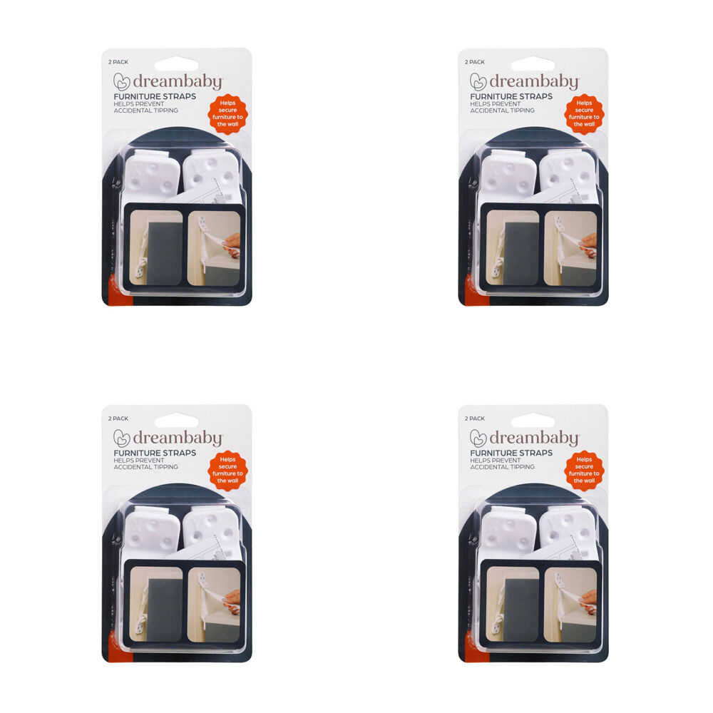 4x 2pc Dreambaby Anti Tip Safety Furniture Straps Wall Mounted - White