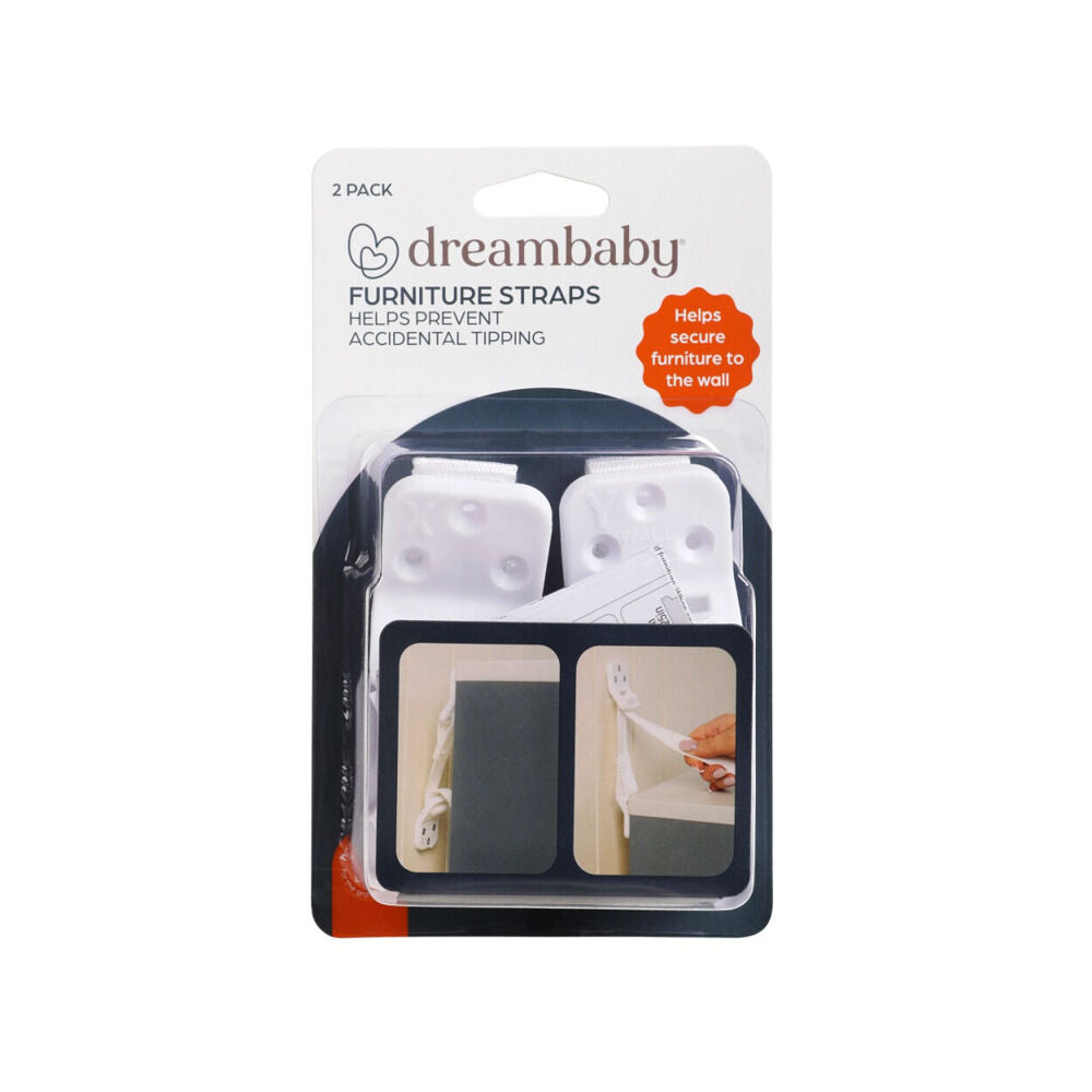 4x 2pc Dreambaby Anti Tip Safety Furniture Straps Wall Mounted - White