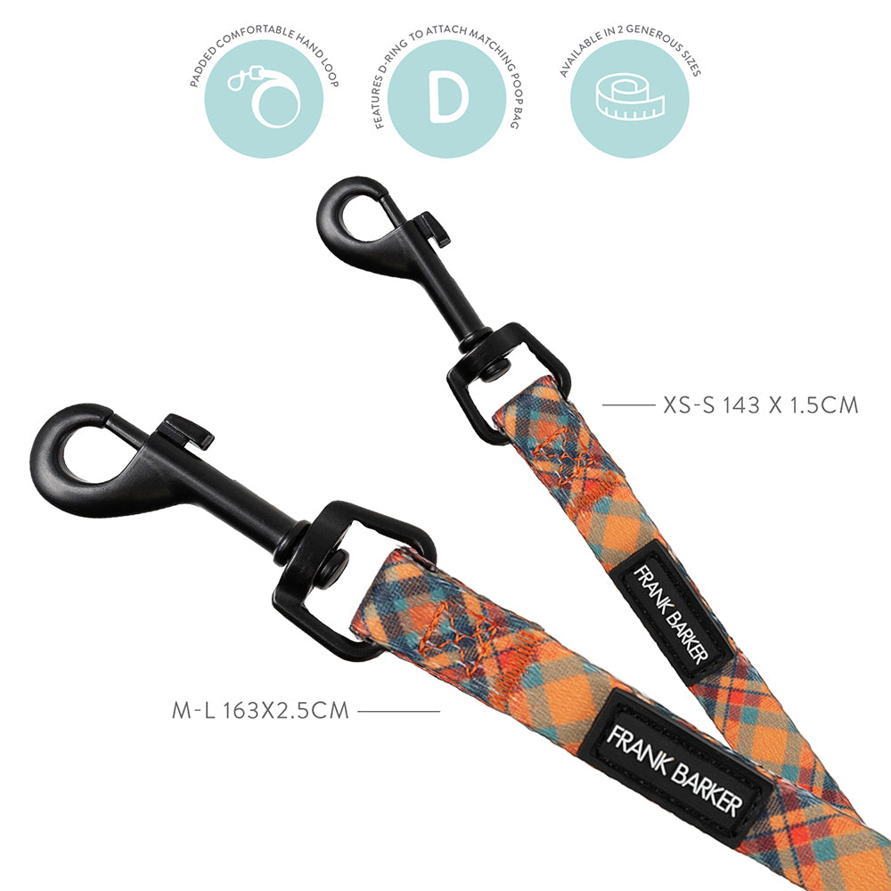 Frank Barker Gingham 143cm Padded Adjustable Dog Lead Leash XS-S Orange