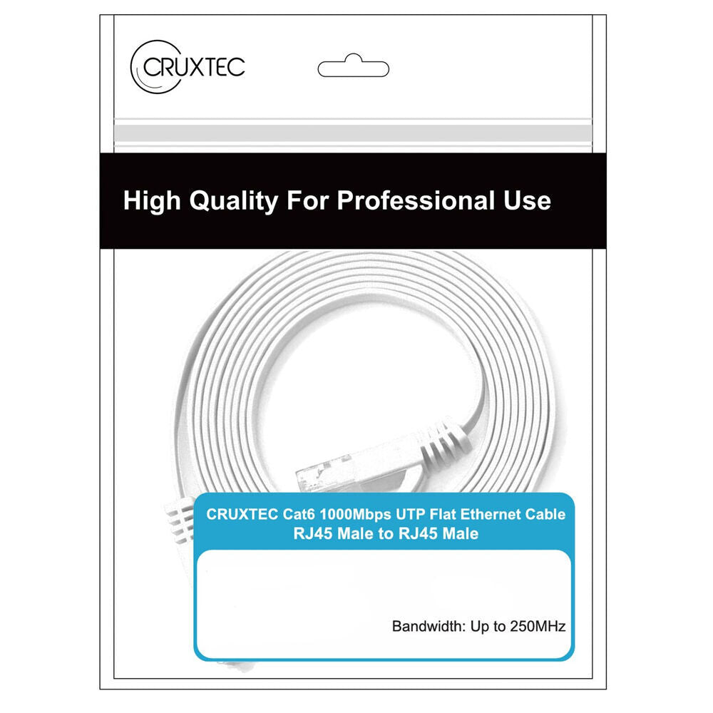 6PK Cruxtec CAT6 UTP Gold Plated RJ45 Flat Ethernet Cable 10m White