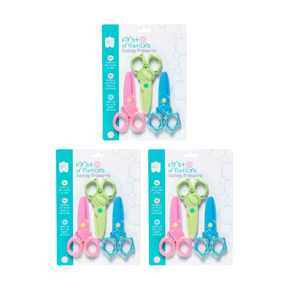 3x 3pc First Creations Kids Safety Scissors Set Child-Safe Pink/Blue/Green 24m+