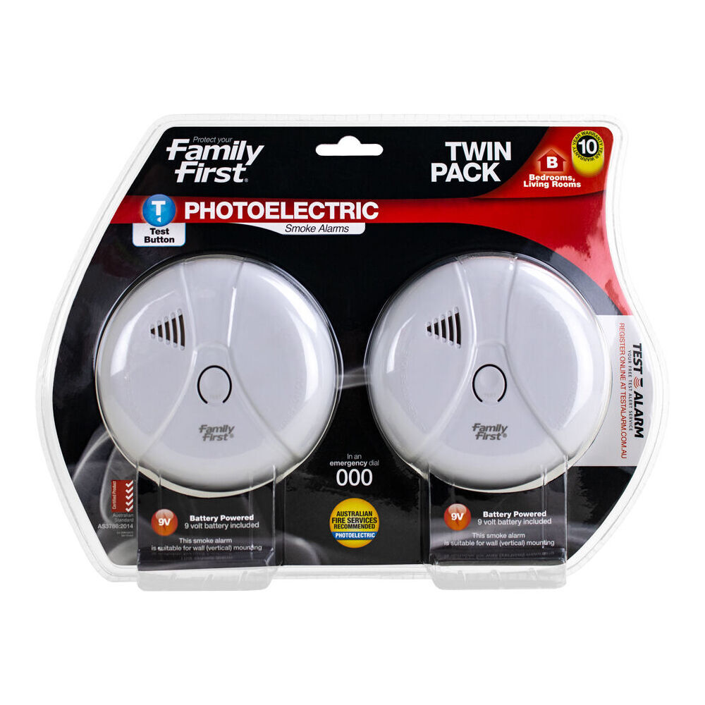 2PK Family First Photoelectric Smoke Alarm Twin Pack Bedroom Living Room w/Test Btn