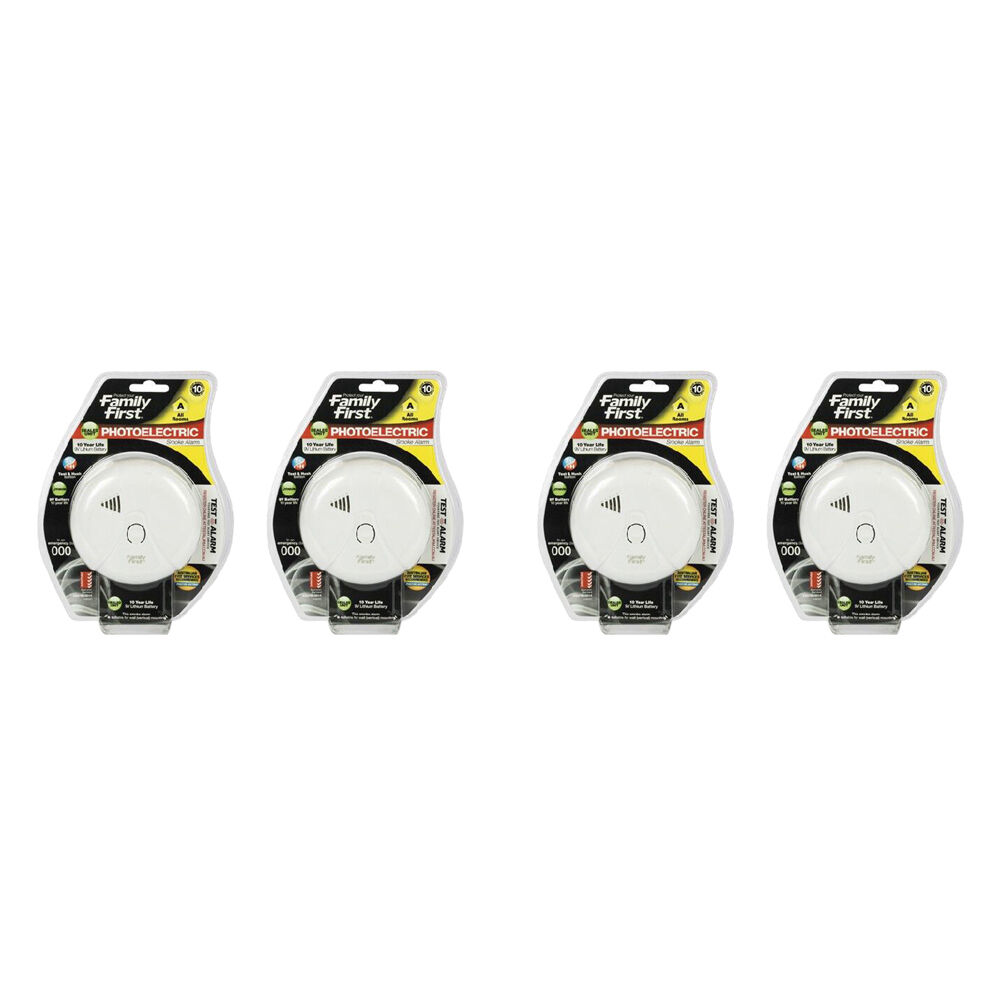 4PK Family First Photoelectric Smoke Alarm 10Yr Lithium w/ Test & Hush Btn All Rooms