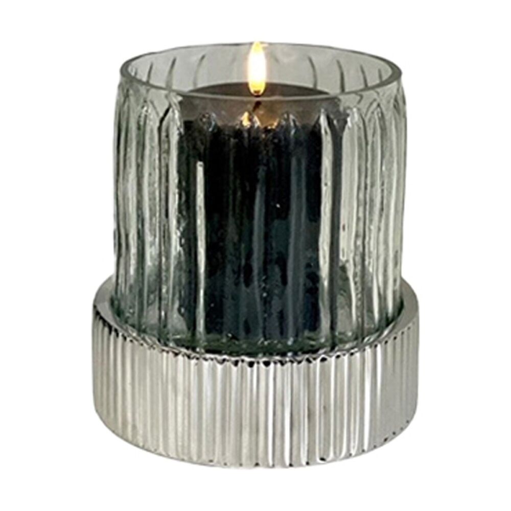 SS Collective Ribbed Silver Pillar W/ Flute Glass Candle Holder 16x19cm