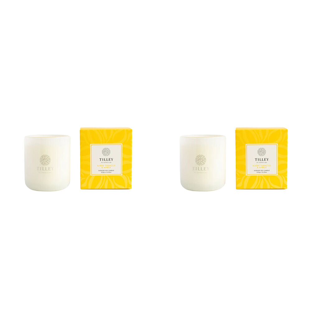 2PK Tilley Classic White Suede Tobacco & Amber Soy Candle Scented 375g