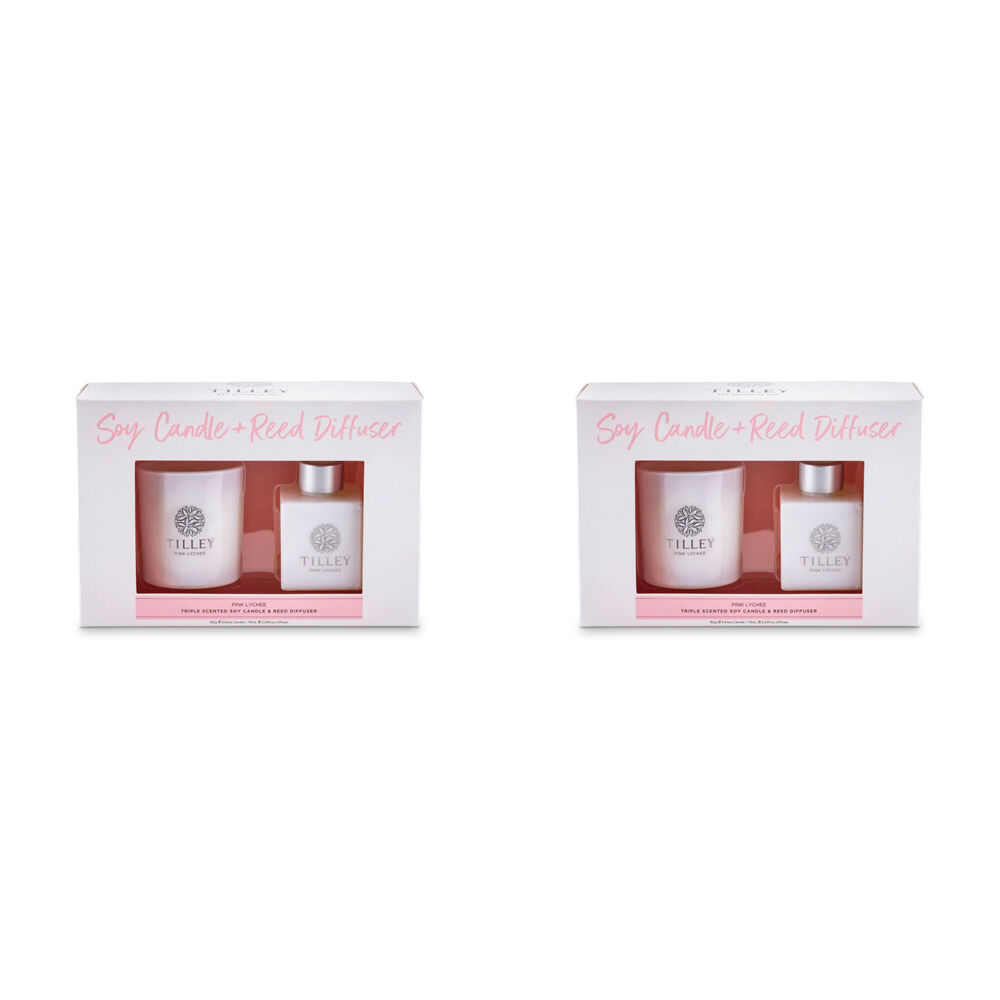 2x 2pc Tilley Classic White Pink Lychee 160g Candle & 75mL Reed Diffuser Pack