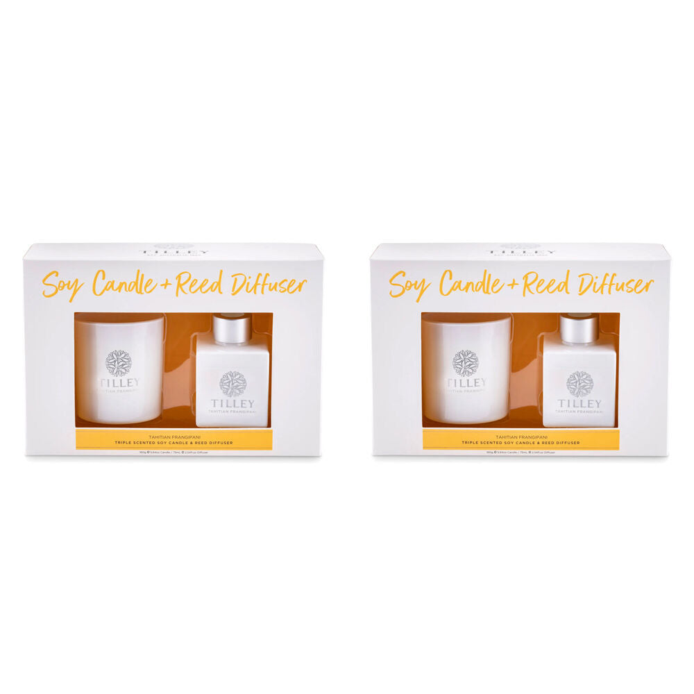 2x 2pc Tilley Classic White Tahitian Frangipani Candle & 75mL Reed Diffuser
