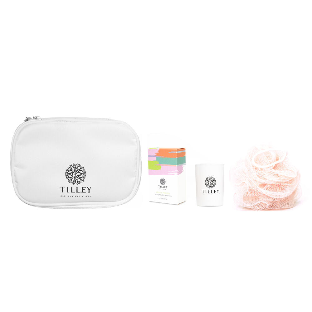 3pc Tilley Classic White Pear & Freesia Pamper Set Candle 80g Soap 200g Loofah