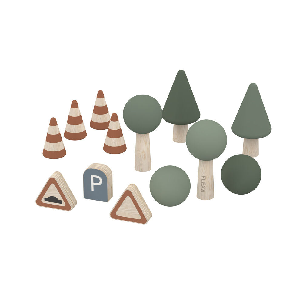 13pc Flexa Wooden Toy Accessories for Car Tracks 2y+