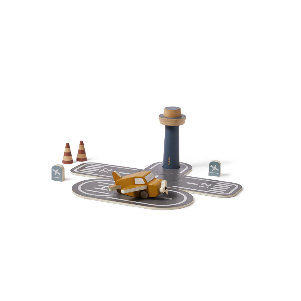 11pc Flexa Wooden Airport Toy Plane/Tracks/Signs 2y+