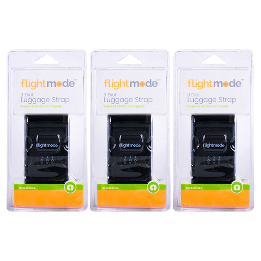3PK Flightmode 3 Dial Woven Adjustable Lock Safe Luggage Strap - Black