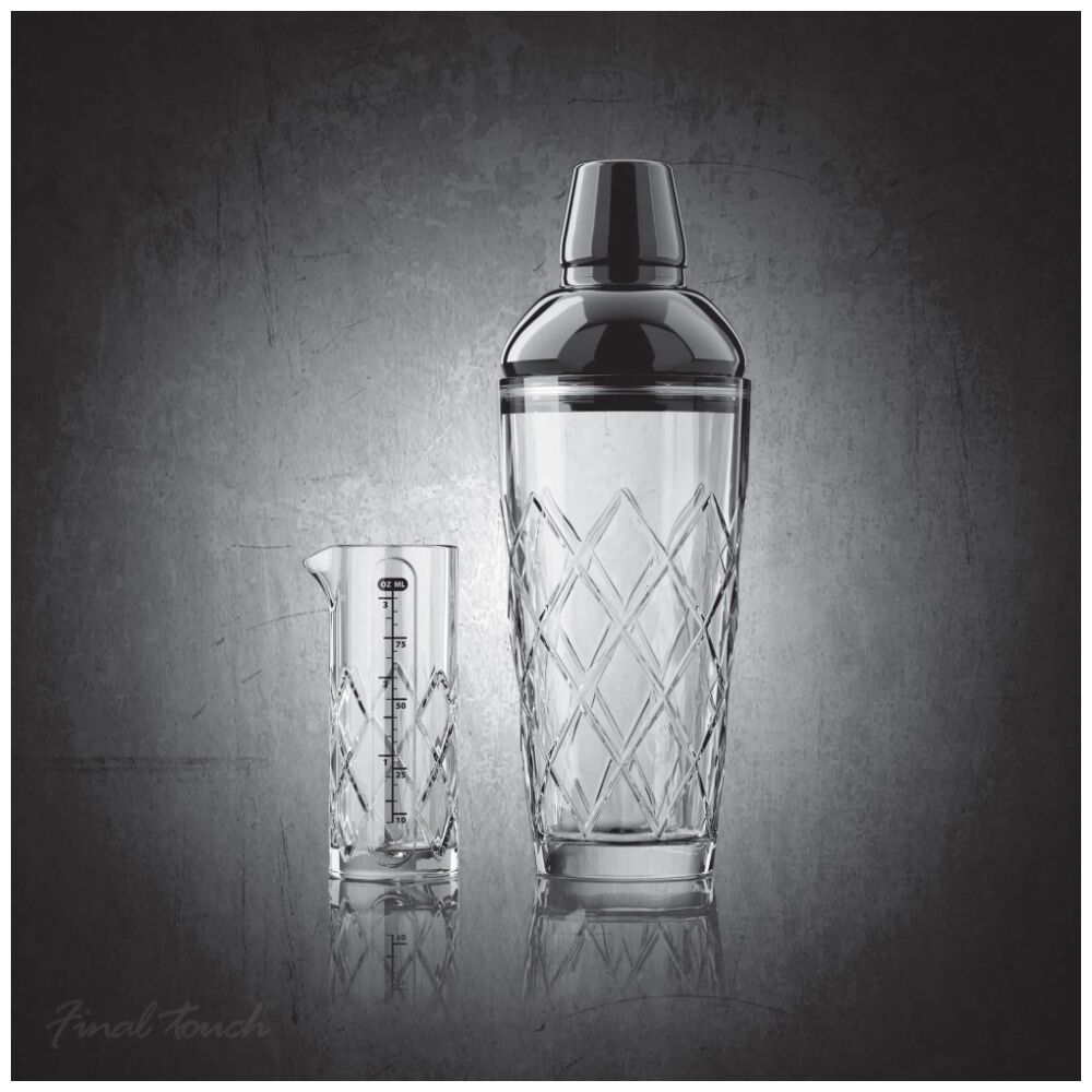 2pc Final Touch Yarai Cocktail Glass Shaker And Jigger Set Chrome Black