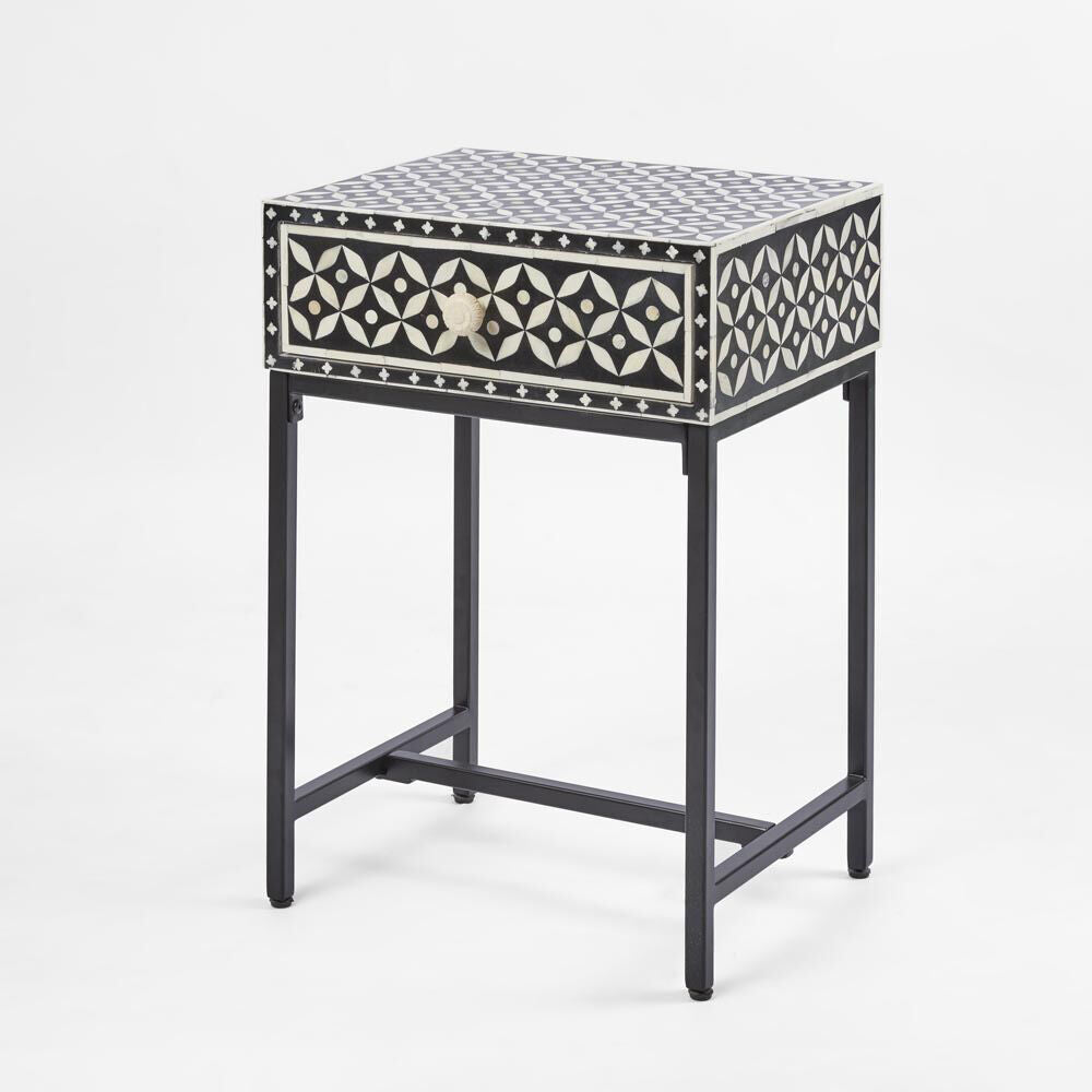 Belle Stella Bone Inlay Bedside Table w/ Drawer 45x65cm - Black