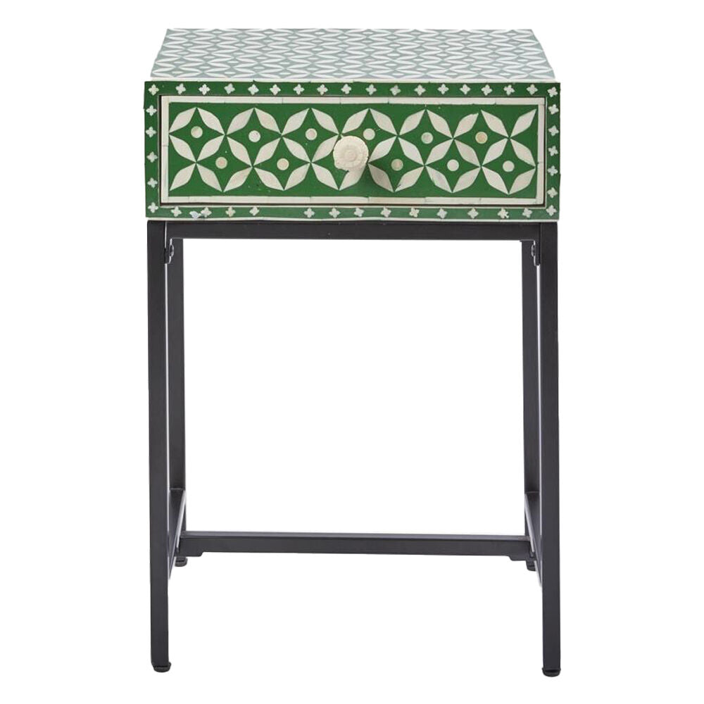 Belle Stella Bone Inlay Bedside Table w/ Drawer 45x65cm - Green