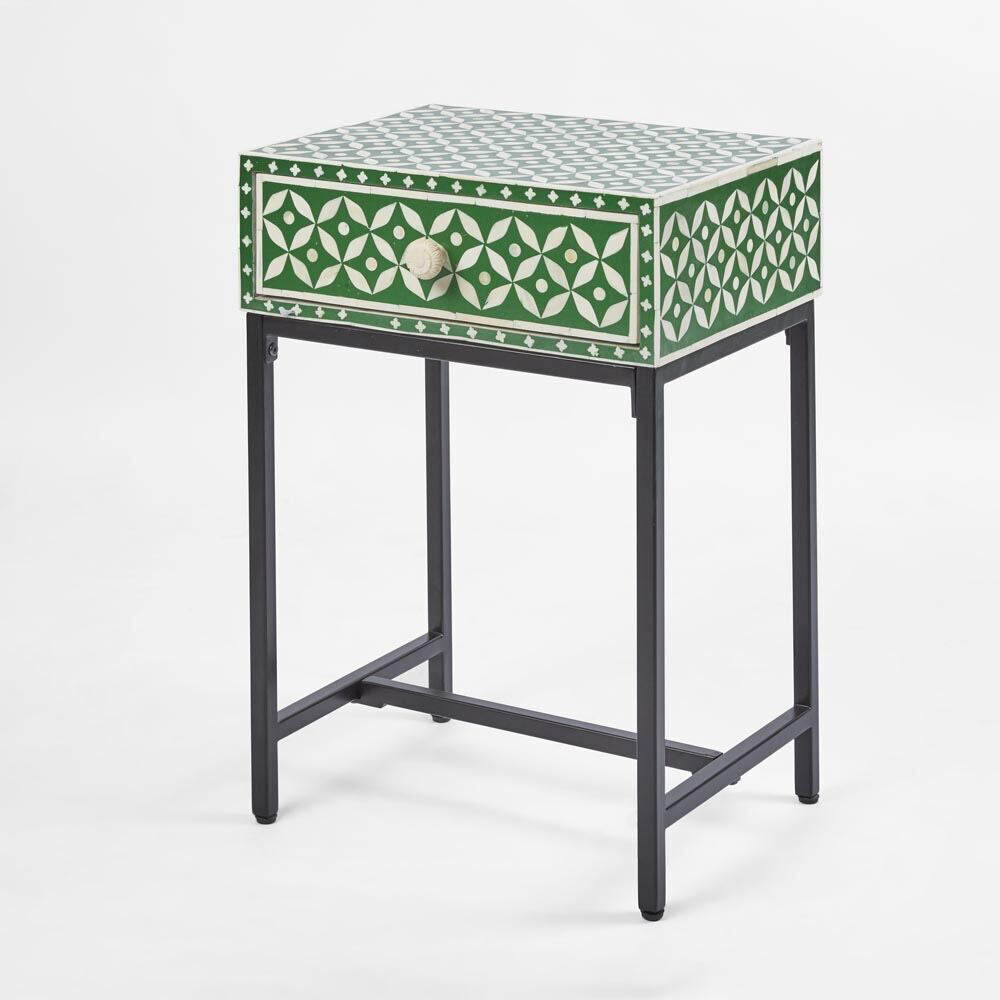 Belle Stella Bone Inlay Bedside Table w/ Drawer 45x65cm - Green