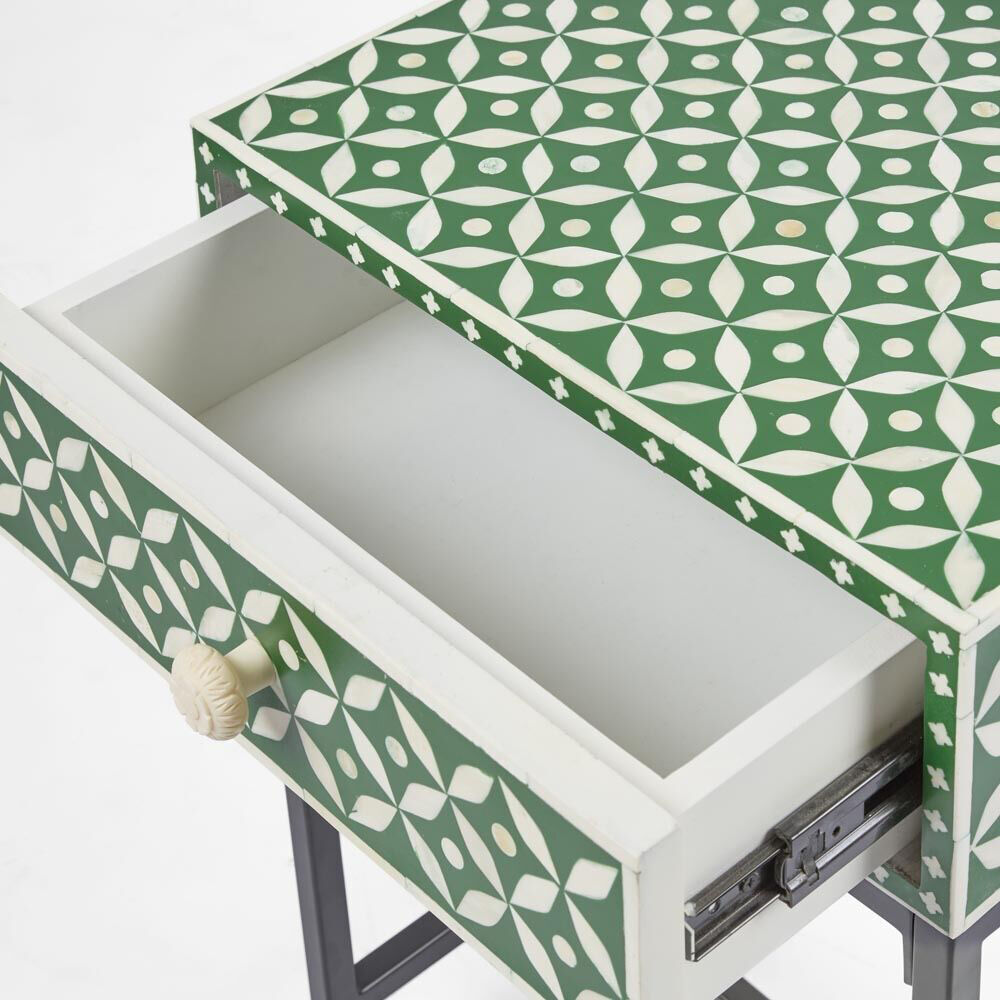 Belle Stella Bone Inlay Bedside Table w/ Drawer 45x65cm - Green